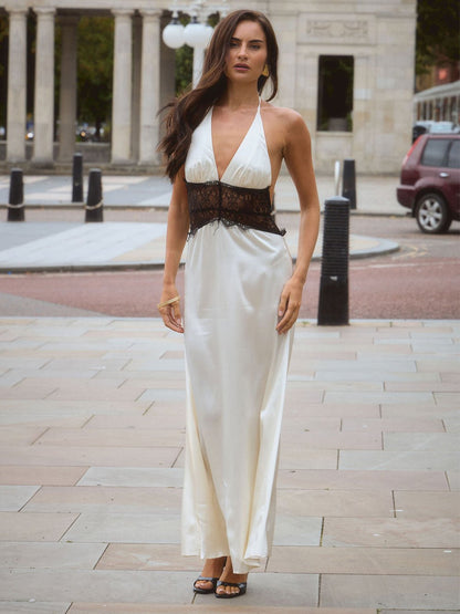 Halter Deep V-Neck Lace Panel Inset Satin Maxi Dress