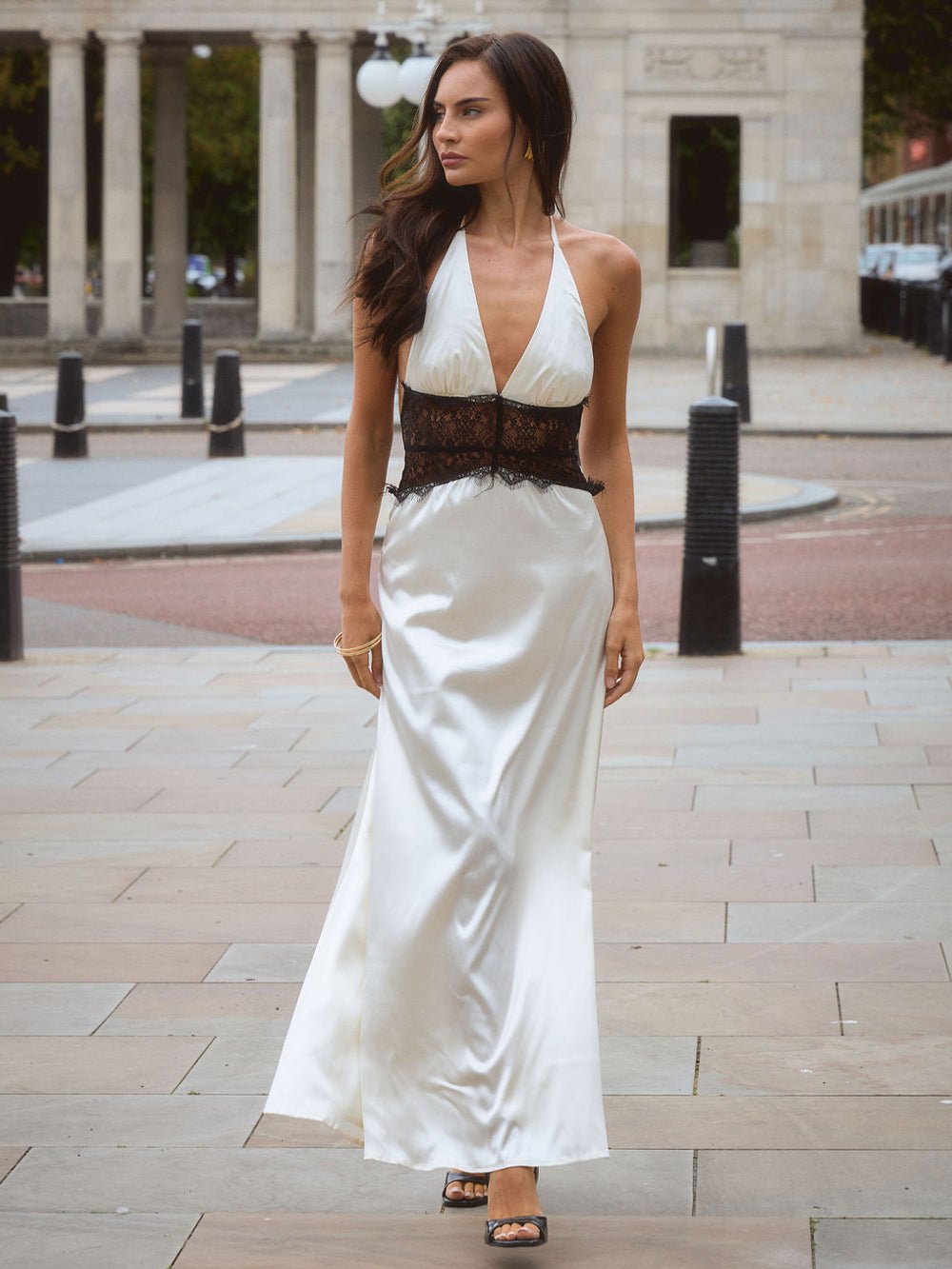 Halter Deep V-Neck Lace Panel Inset Satin Maxi Dress