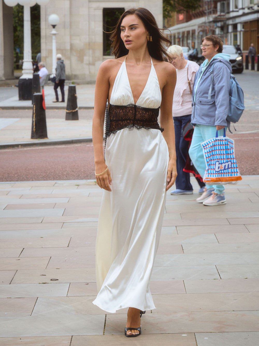 Halter Deep V-Neck Lace Panel Inset Satin Maxi Dress