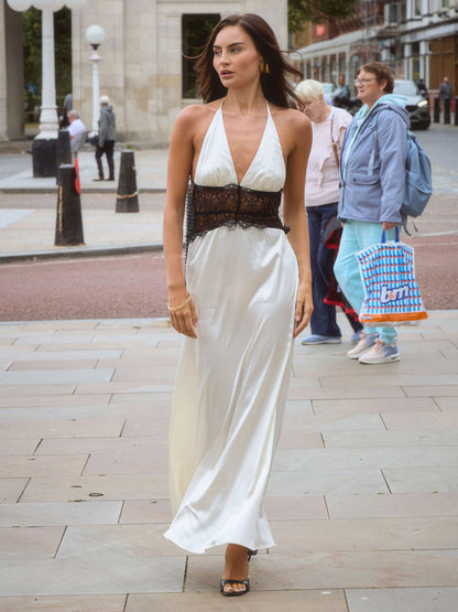 Halter Deep V-Neck Lace Panel Inset Satin Maxi Dress