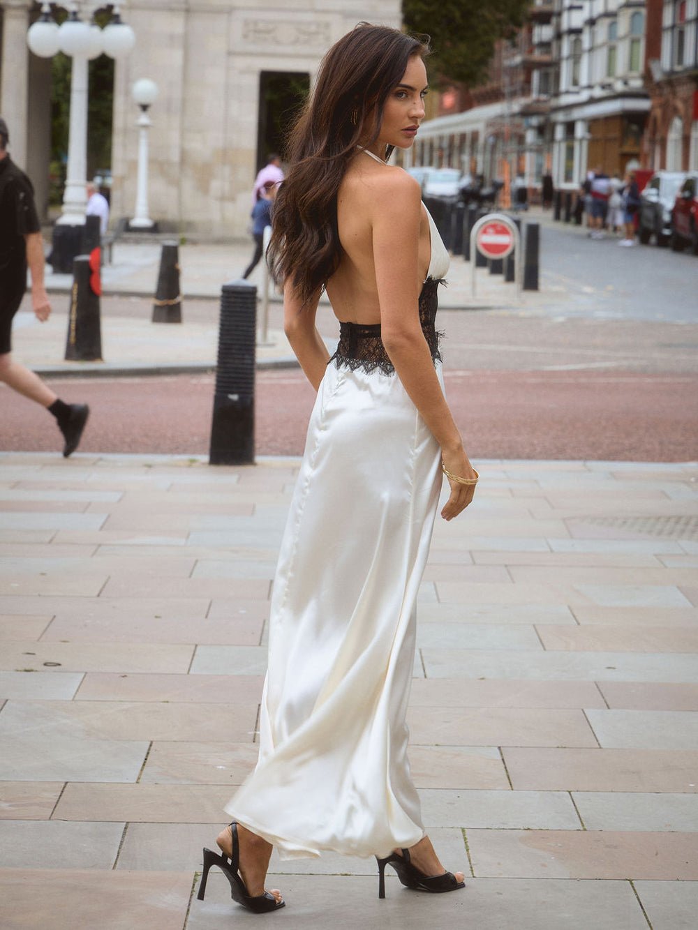 Halter Deep V-Neck Lace Panel Inset Satin Maxi Dress