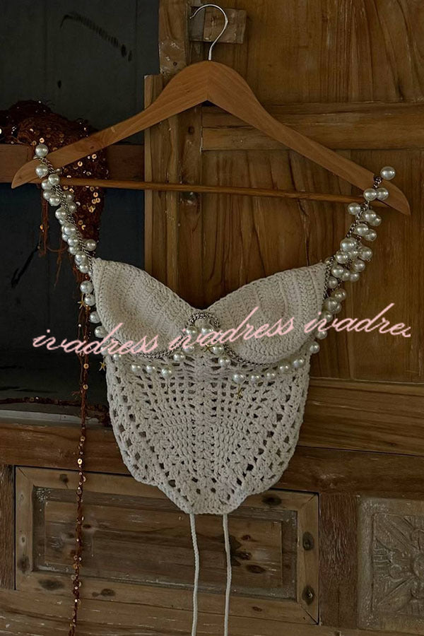 Mirina Hollow Crochet Knit Pearl Trim Heart Collar Crop Vacation Tank