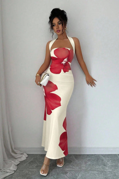 Halter Cutout Bust Large Floral Print Mermaid Maxi Gown