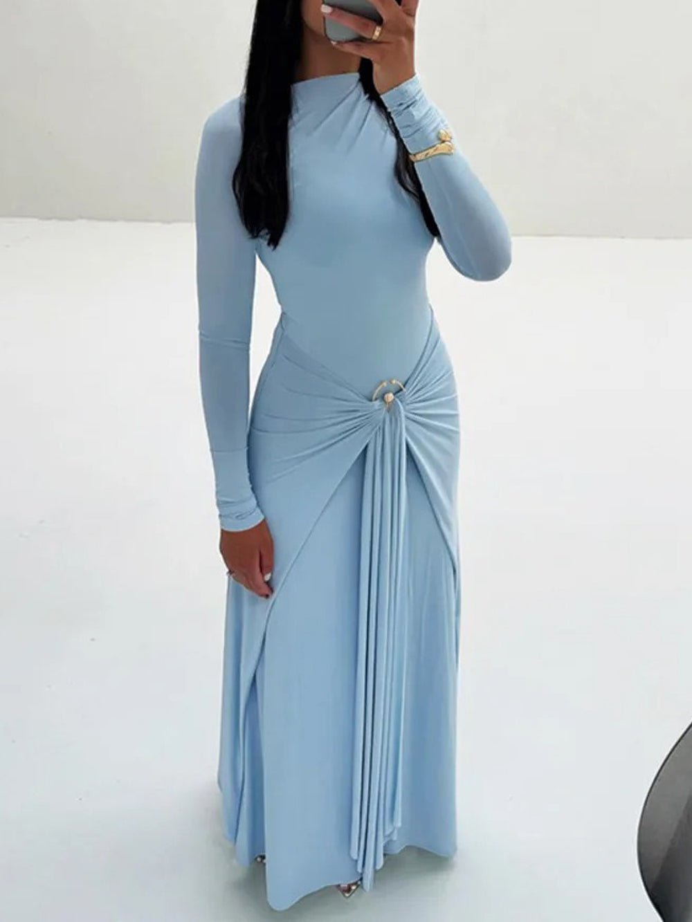 Mock Neck Long Sleeve Ring Detail Ruched Draped Front Column Maxi Gown