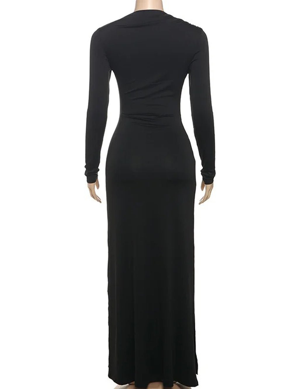 Mock Neck Long Sleeve Ring Detail Ruched Draped Front Column Maxi Gown
