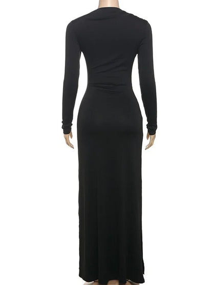 Mock Neck Long Sleeve Ring Detail Ruched Draped Front Column Maxi Gown