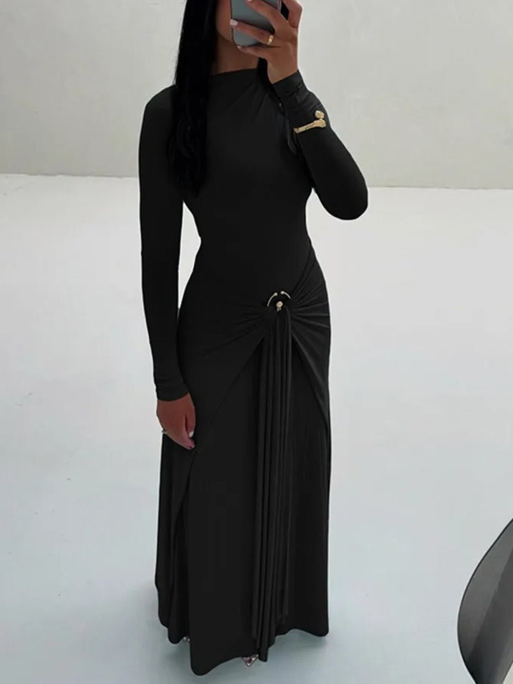 Mock Neck Long Sleeve Ring Detail Ruched Draped Front Column Maxi Gown