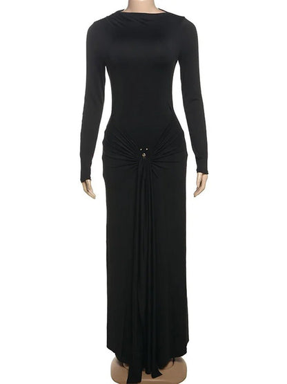 Mock Neck Long Sleeve Ring Detail Ruched Draped Front Column Maxi Gown