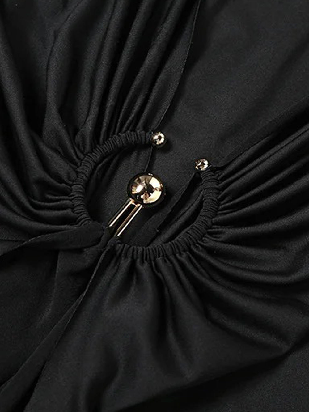 Mock Neck Long Sleeve Ring Detail Ruched Draped Front Column Maxi Gown