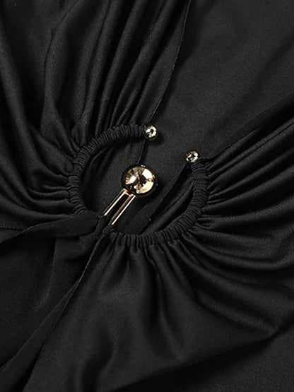 Mock Neck Long Sleeve Ring Detail Ruched Draped Front Column Maxi Gown