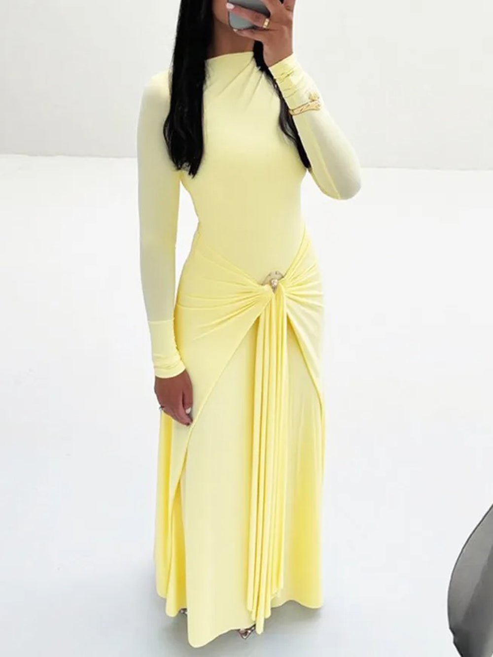 Mock Neck Long Sleeve Ring Detail Ruched Draped Front Column Maxi Gown