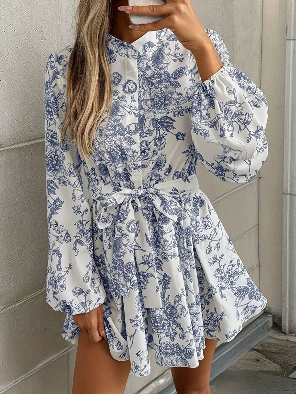 Toile Print Stand Collar Button-Front Lantern Sleeve Belted Pleated Mini Dress