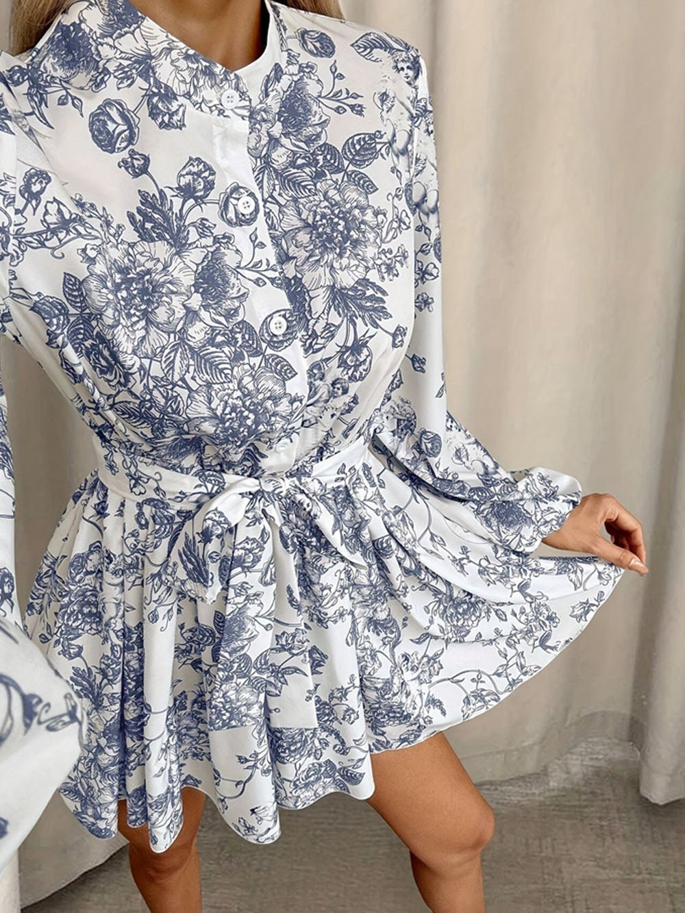 Toile Print Stand Collar Button-Front Lantern Sleeve Belted Pleated Mini Dress