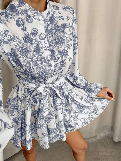 Toile Print Stand Collar Button-Front Lantern Sleeve Belted Pleated Mini Dress