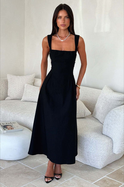 Square Neck Wide Strap Princess Seam Corset Bodice Flared Midi Dress