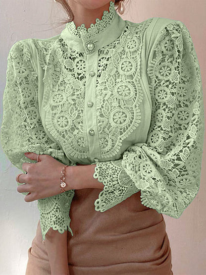 Blouse For Women Pink Lace Cut Out High Collar Casual Long Sleeves Lace Tops