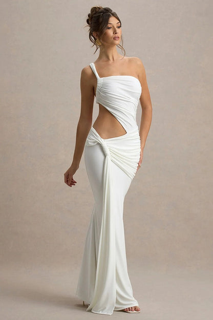 One Shoulder Ruched Waist Cutout Side Knot Draped Panel Maxi Gown