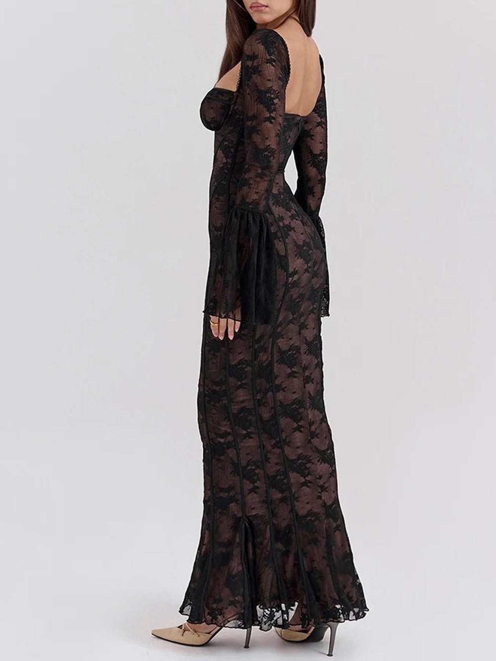 Floral Lace Corset Boning Tie-Front Bell Sleeve Bodycon Maxi Dress