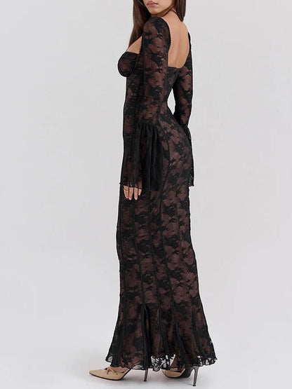 Floral Lace Corset Boning Tie-Front Bell Sleeve Bodycon Maxi Dress
