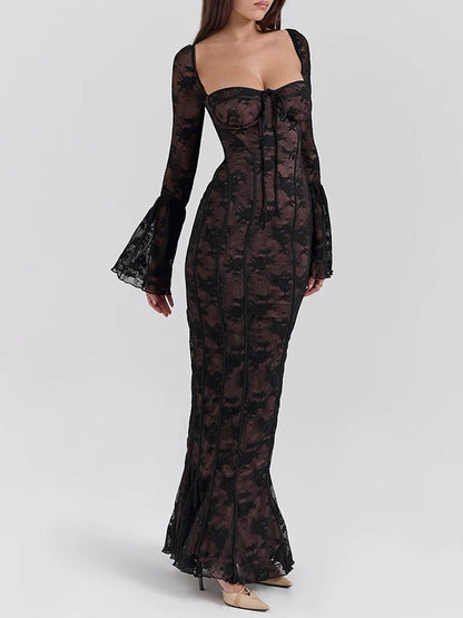 Floral Lace Corset Boning Tie-Front Bell Sleeve Bodycon Maxi Dress