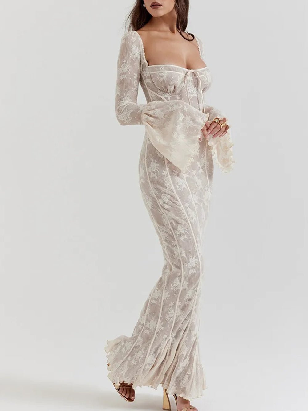 Floral Lace Corset Boning Tie-Front Bell Sleeve Bodycon Maxi Dress