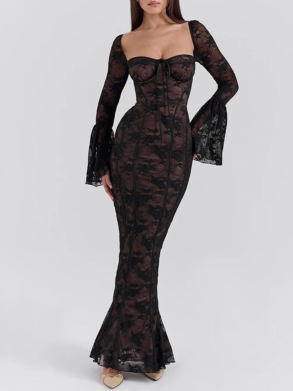 Floral Lace Corset Boning Tie-Front Bell Sleeve Bodycon Maxi Dress
