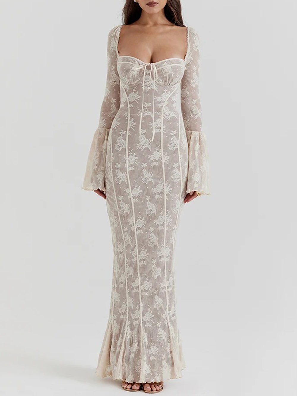 Floral Lace Corset Boning Tie-Front Bell Sleeve Bodycon Maxi Dress