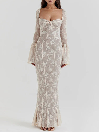 Floral Lace Corset Boning Tie-Front Bell Sleeve Bodycon Maxi Dress