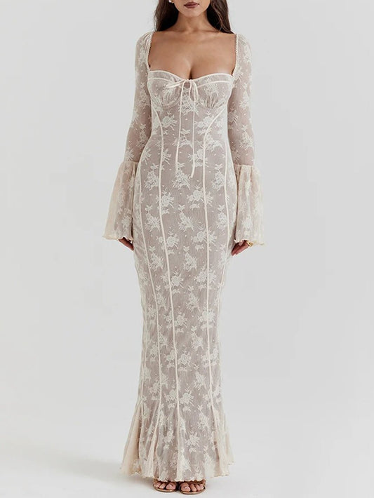 Floral Lace Corset Boning Tie-Front Bell Sleeve Bodycon Maxi Dress
