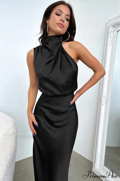 Addison Stretch Satin Charming Long Sleeve Midi Dress
