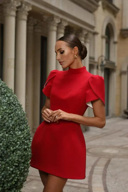 Mock Neck Petal Sleeve Structured A-Line Mini Dress