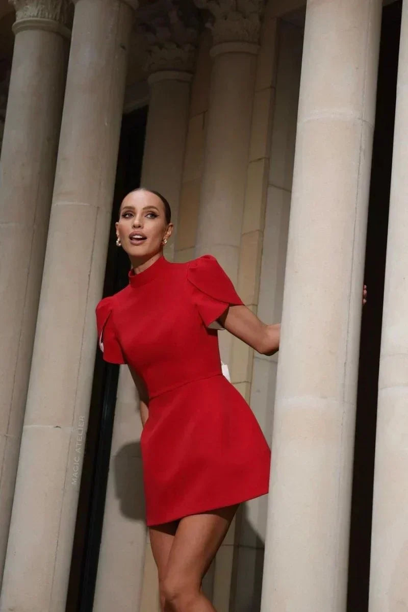 Mock Neck Petal Sleeve Structured A-Line Mini Dress