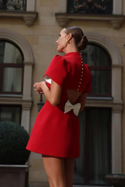 Mock Neck Petal Sleeve Structured A-Line Mini Dress