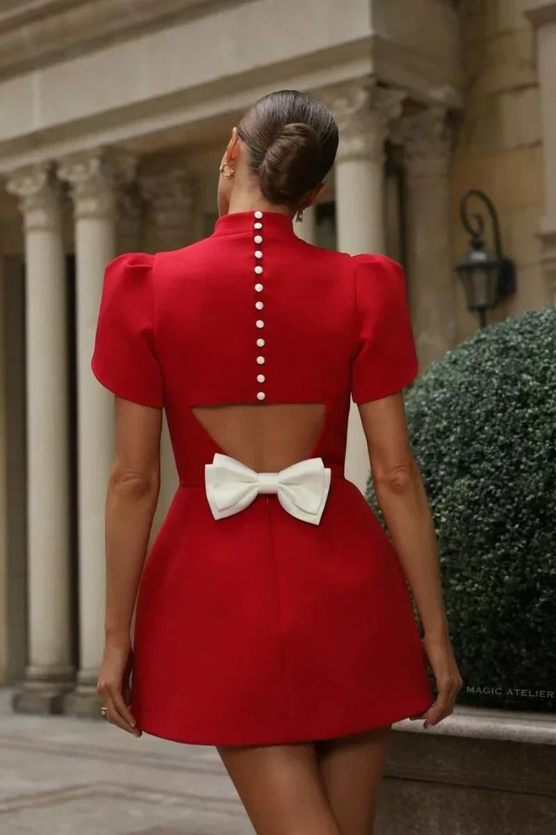 Mock Neck Petal Sleeve Structured A-Line Mini Dress