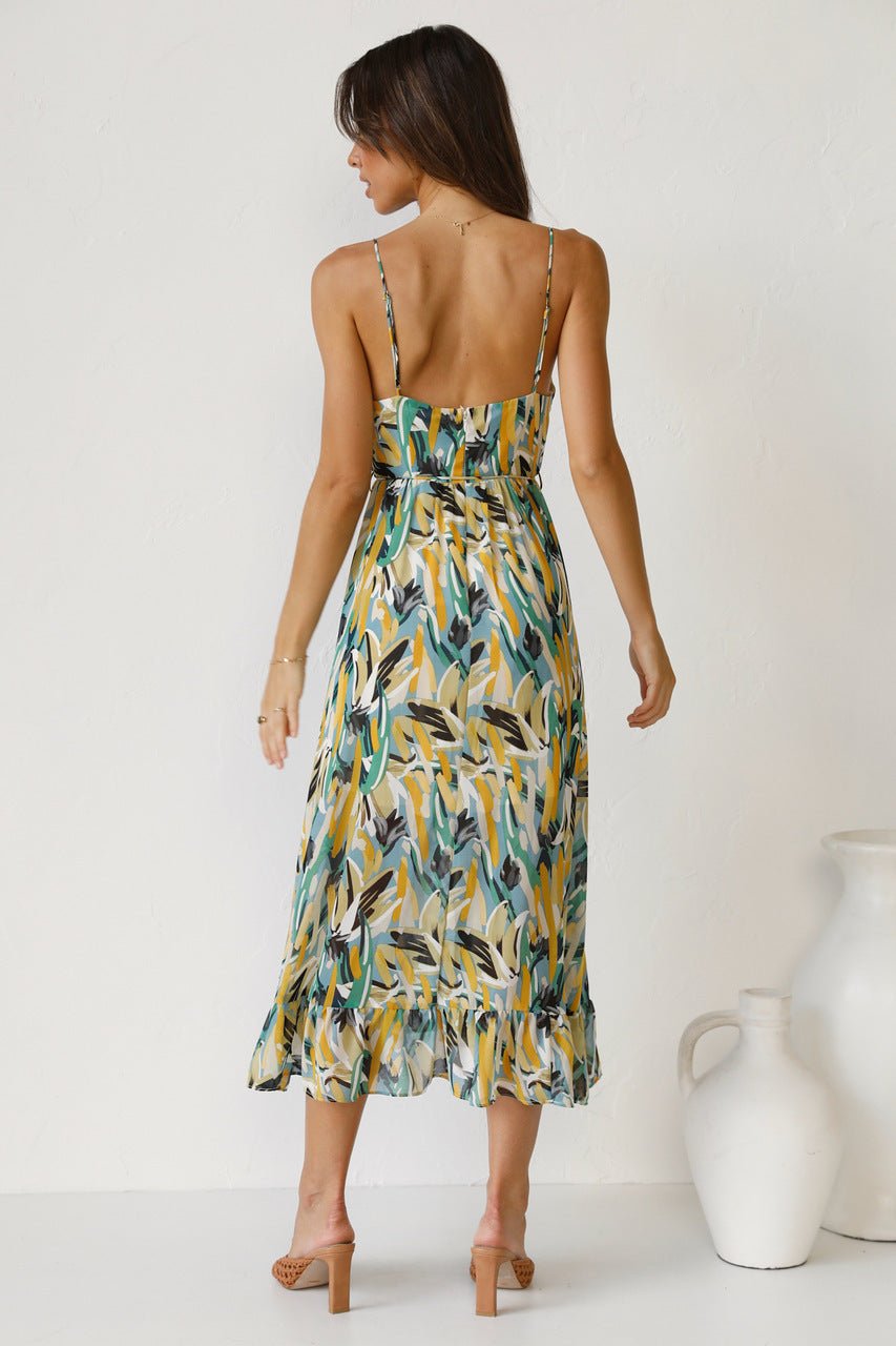 Abstract Brushstroke Print Spaghetti Strap Tie-Waist Tiered Ruffle Midi Dress