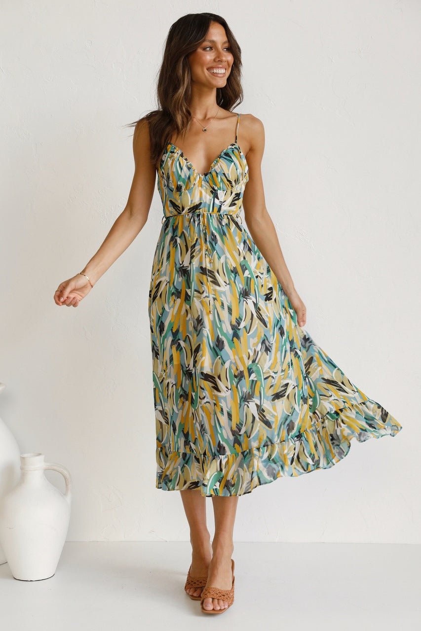 Sweetheart Neck Spaghetti Strap Drawstring Waist Brushstroke Print Midi Dress