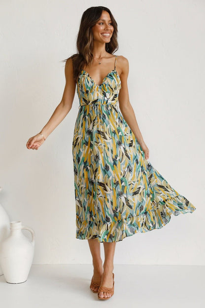 Sweetheart Neck Spaghetti Strap Drawstring Waist Brushstroke Print Midi Dress