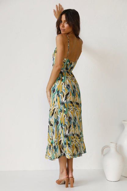 Sweetheart Neck Spaghetti Strap Drawstring Waist Brushstroke Print Midi Dress
