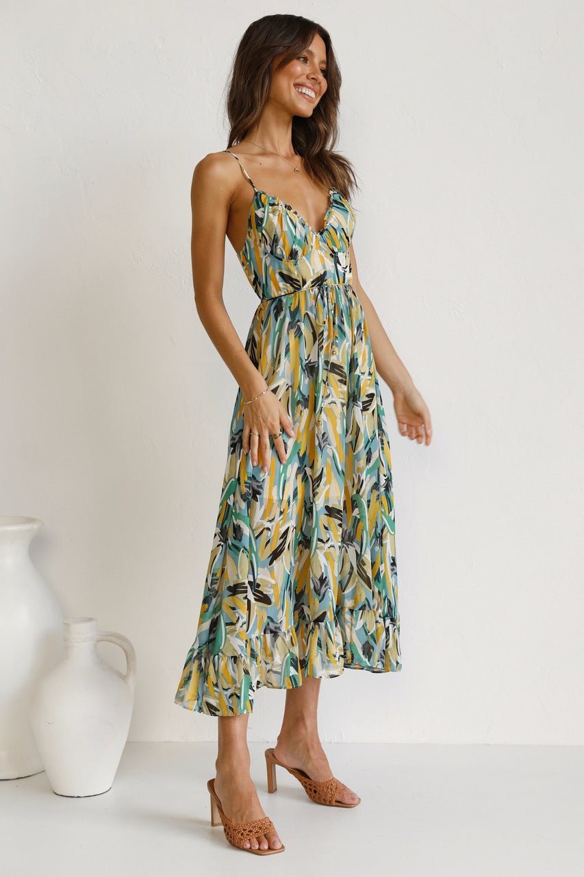 Sweetheart Neck Spaghetti Strap Drawstring Waist Brushstroke Print Midi Dress