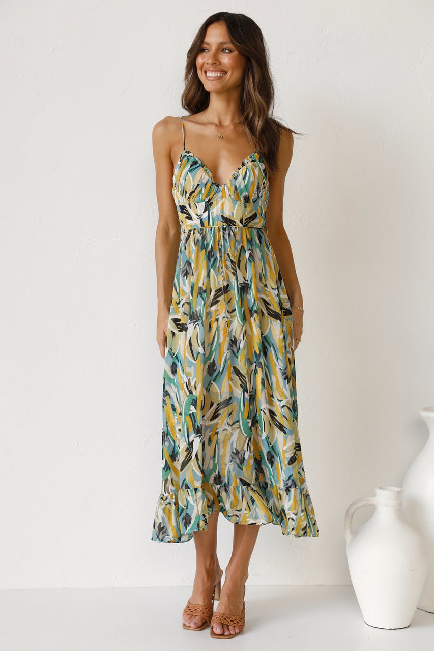 Painterly Print Sweetheart Spaghetti Strap Tie Waist Ruffle Hem Midi Dress