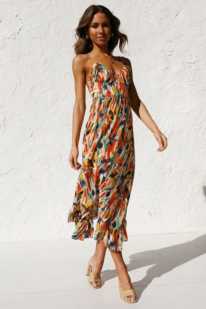 Sweetheart Neck Spaghetti Strap Drawstring Waist Brushstroke Print Midi Dress