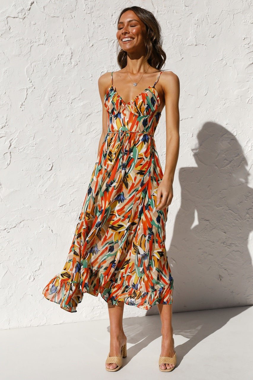 Sweetheart Neck Spaghetti Strap Drawstring Waist Brushstroke Print Midi Dress