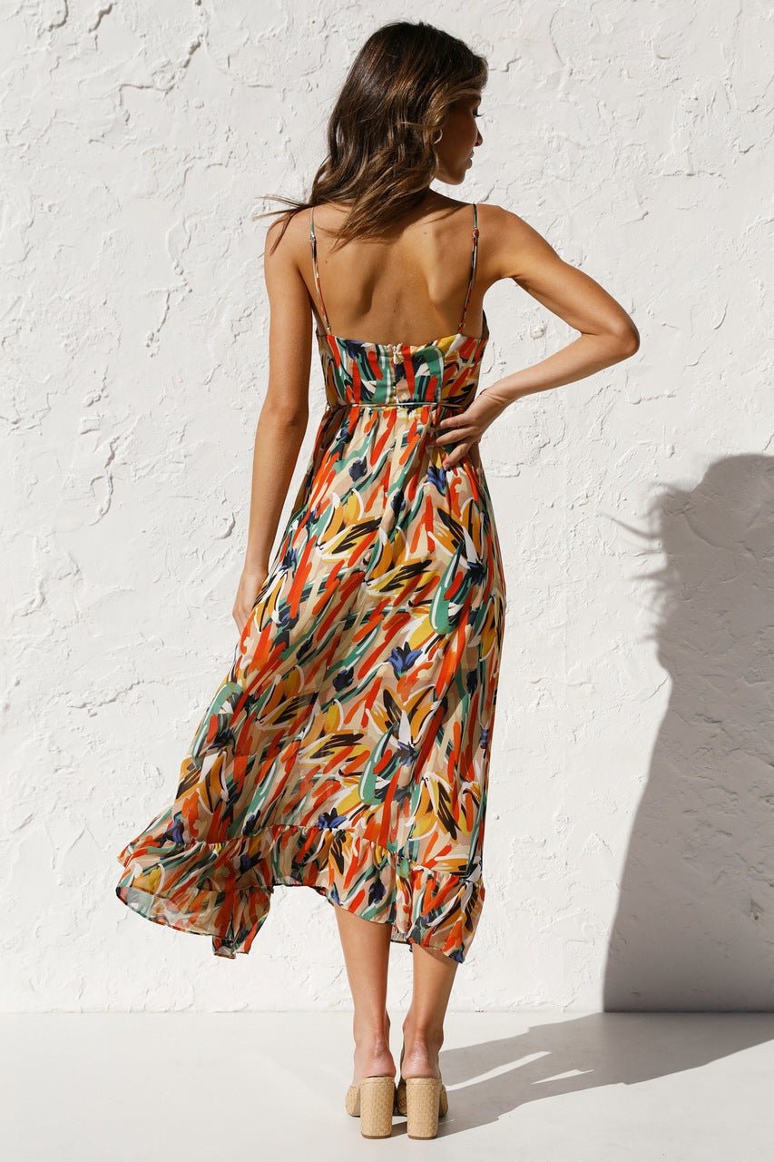 Sweetheart Neck Spaghetti Strap Drawstring Waist Brushstroke Print Midi Dress