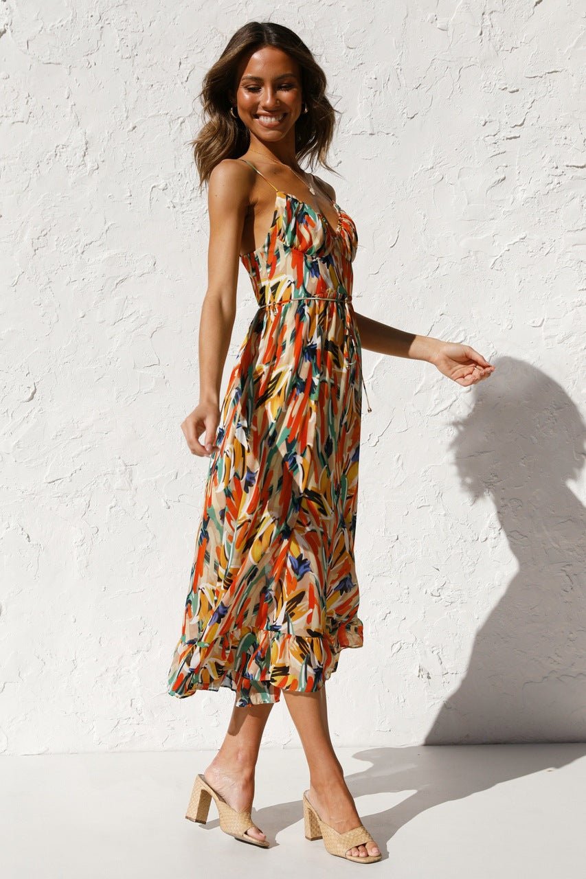 Abstract Brushstroke Print Spaghetti Strap Tie-Waist Tiered Ruffle Midi Dress