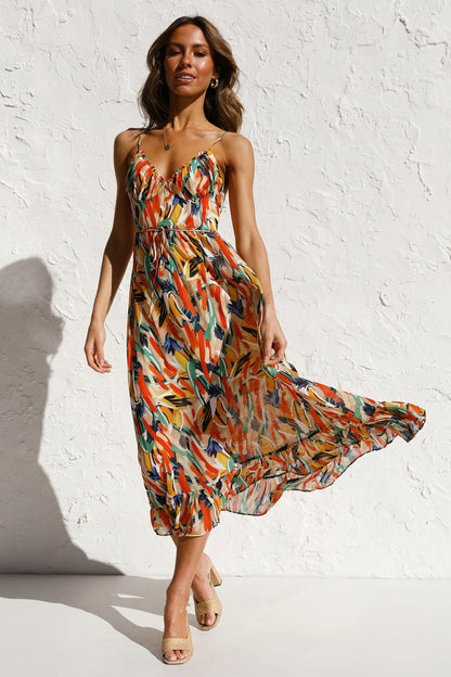 Sweetheart Neck Spaghetti Strap Drawstring Waist Brushstroke Print Midi Dress