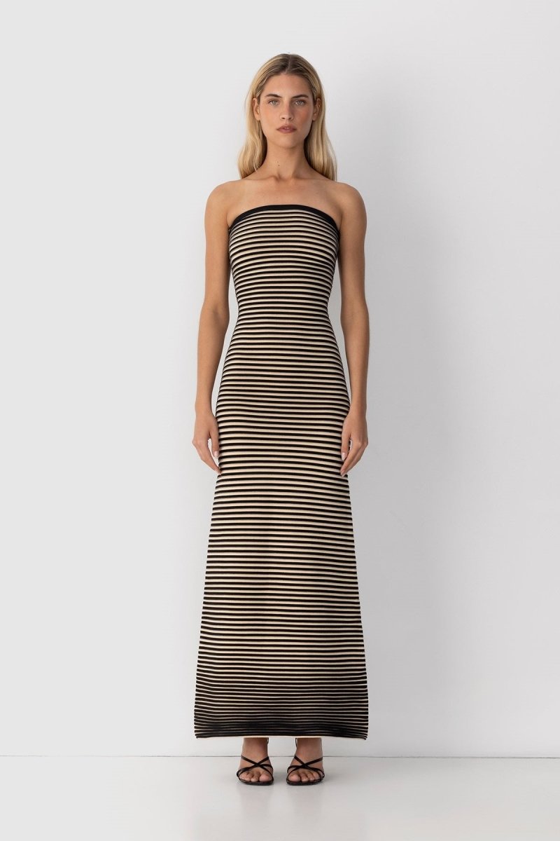 Strapless Horizontal Stripe Knit Bodycon Maxi Dress