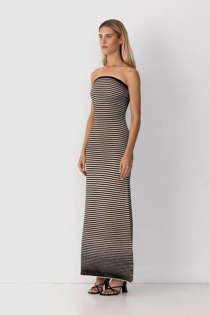 Horizontal Stripe Strapless Bodycon Knit Maxi Dress