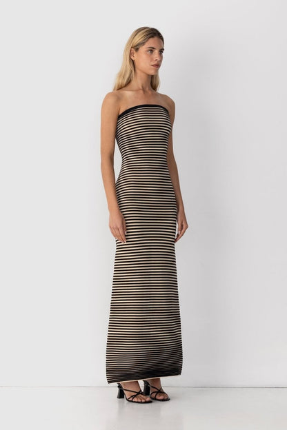 Strapless Horizontal Stripe Knit Bodycon Maxi Dress