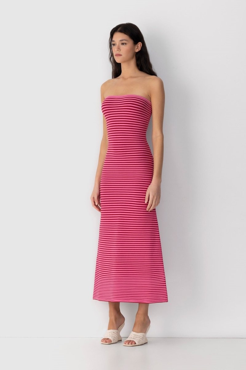 Strapless Horizontal Stripe Knit Bodycon Maxi Dress