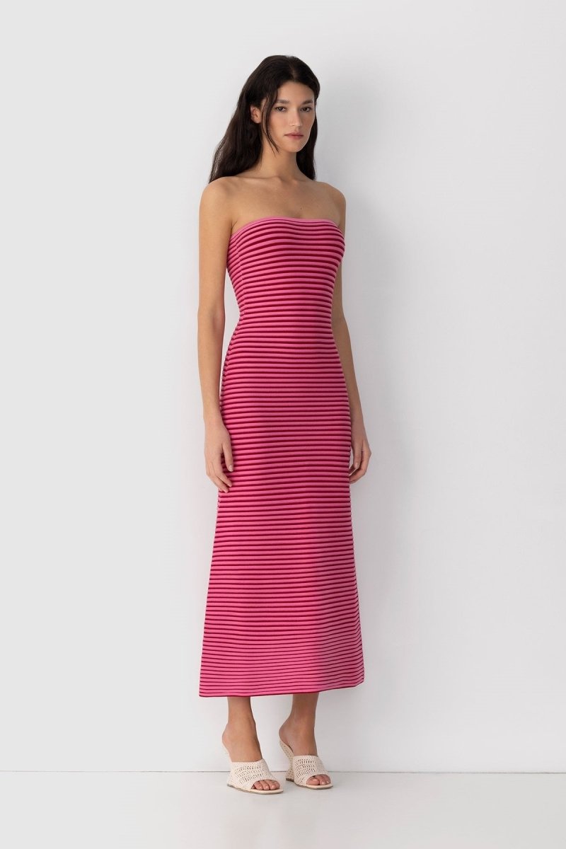 Strapless Horizontal Stripe Knit Bodycon Maxi Dress